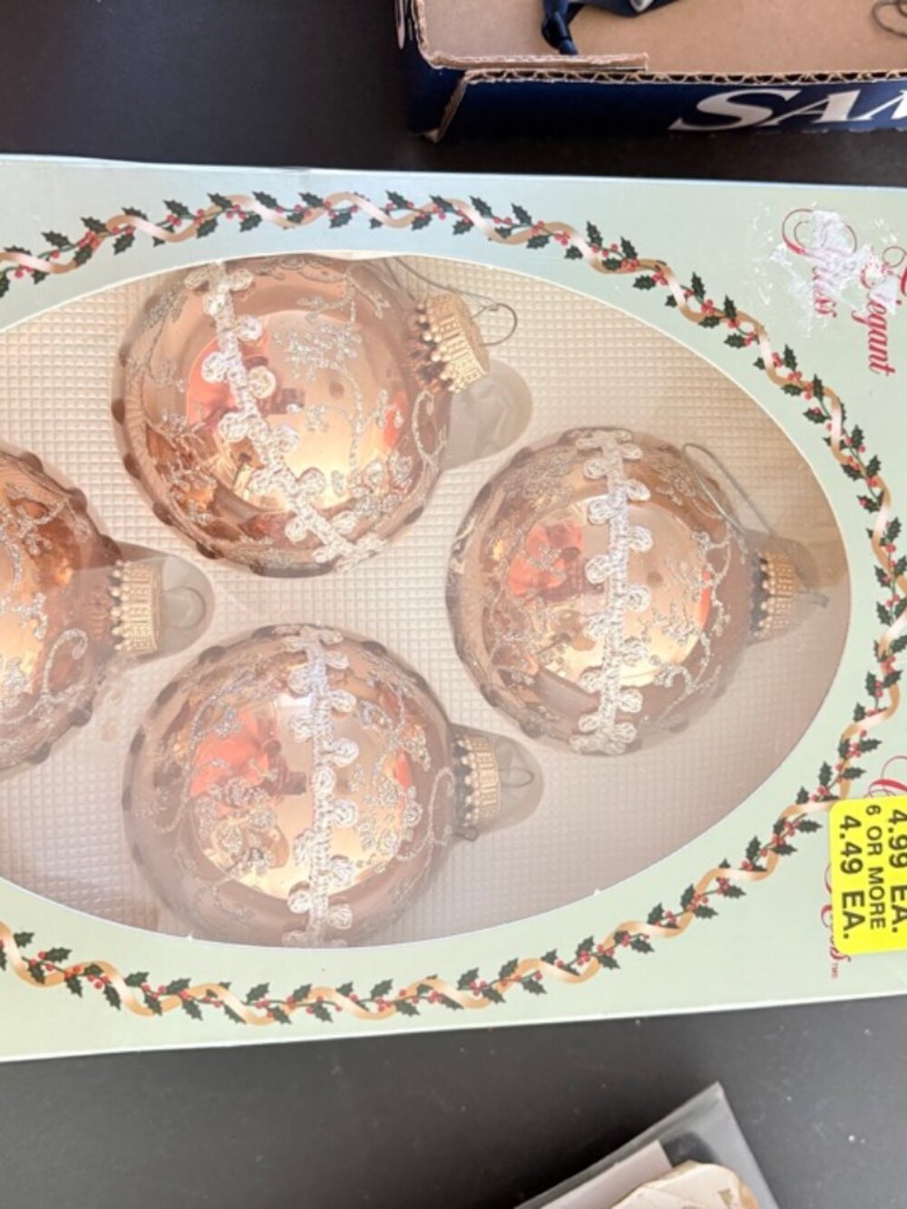 Set of 4 Christmas by Krebs Chablis Gold Glass Ornaments in Box